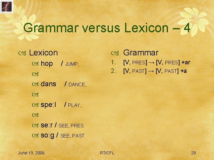 Grammar versus Lexicon – 4 Lexicon Grammar hopar / JUMP, PRES hopa / JUMP,