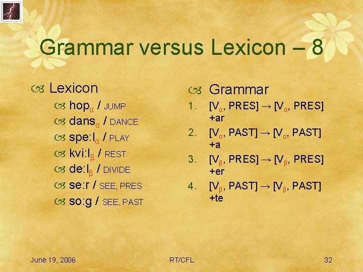 Grammar versus Lexicon – 8 Lexicon hopα / JUMP dansα / DANCE spe: lα