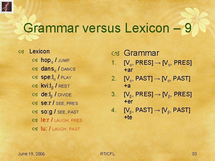 Grammar versus Lexicon – 9 Lexicon hopα / JUMP dansα / DANCE spe: lα