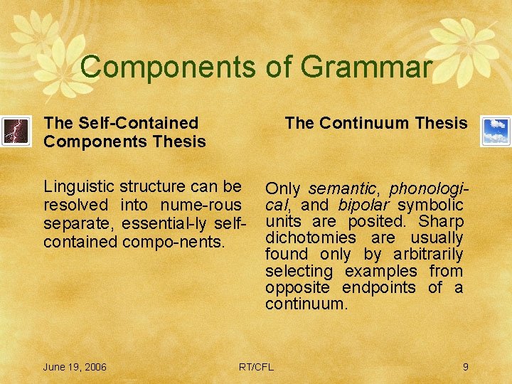 Components of Grammar The Self-Contained Components Thesis The Continuum Thesis Linguistic structure can be