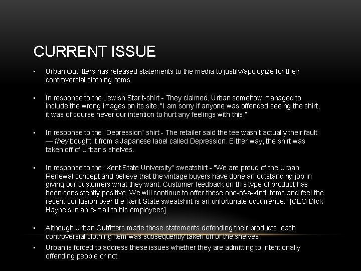 CURRENT ISSUE • Urban Outfitters has released statements to the media to justify/apologize for