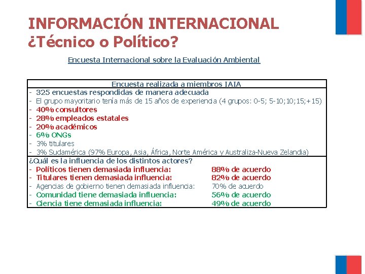 INFORMACIÓN INTERNACIONAL ¿Técnico o Político? Encuesta Internacional sobre la Evaluación Ambiental Encuesta realizada a