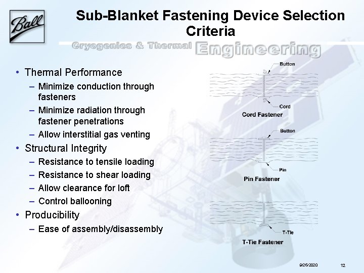 Sub-Blanket Fastening Device Selection Criteria • Thermal Performance – Minimize conduction through fasteners –