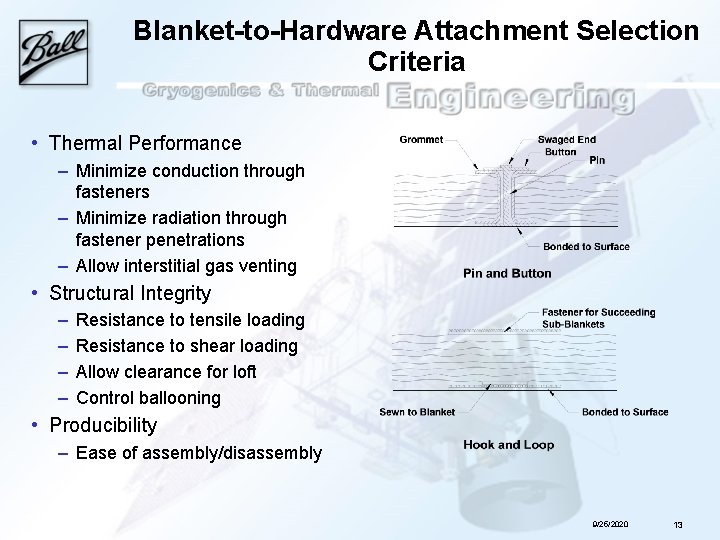 Blanket-to-Hardware Attachment Selection Criteria • Thermal Performance – Minimize conduction through fasteners – Minimize