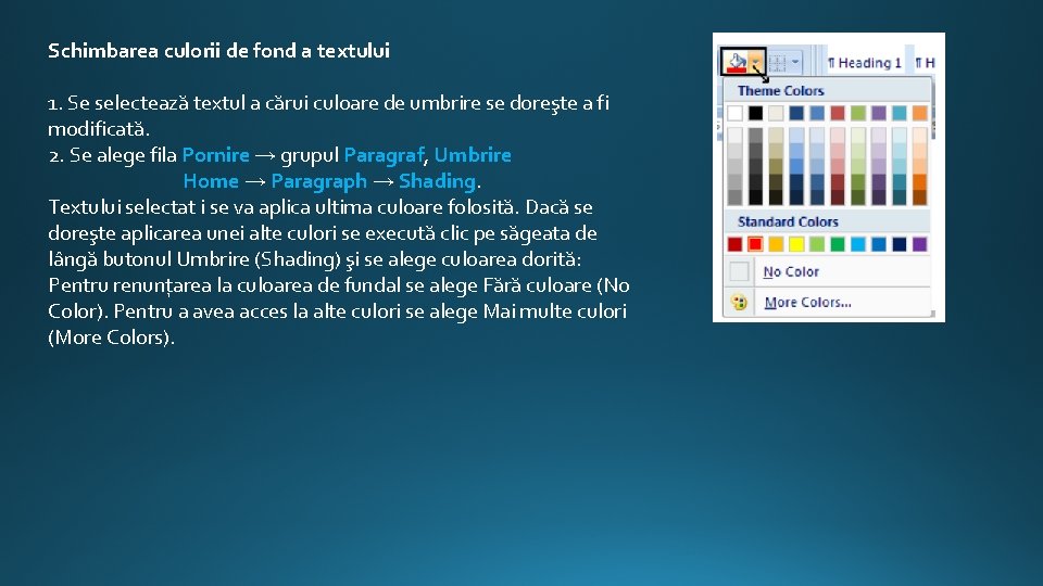 Schimbarea culorii de fond a textului 1. Se selectează textul a cărui culoare de Schimbarea culorii de fond a textului 1. Se selectează textul a cărui culoare de