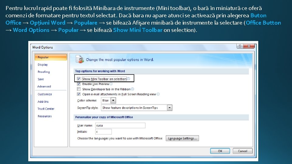 Pentru lucrul rapid poate fi folosită Minibara de instrumente (Mini toolbar), o bară în Pentru lucrul rapid poate fi folosită Minibara de instrumente (Mini toolbar), o bară în
