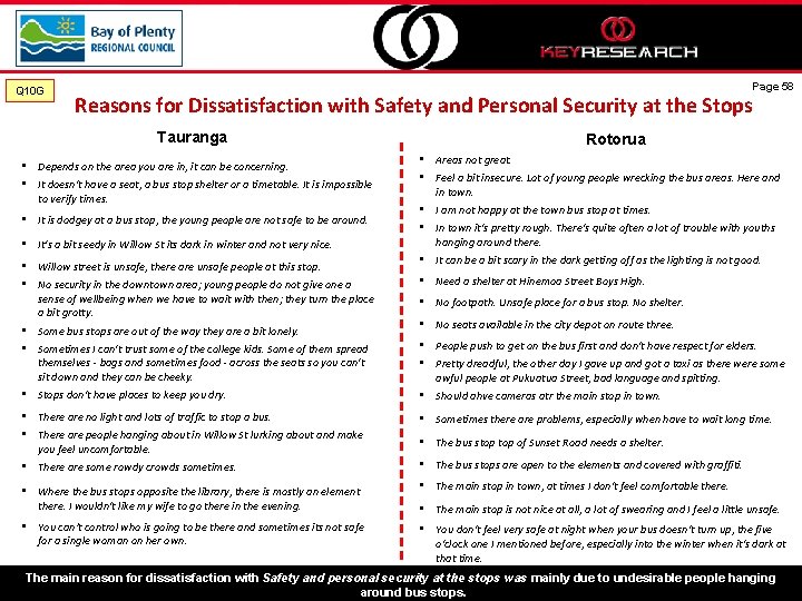 Q 10 G Page 58 Reasons for Dissatisfaction with Safety and Personal Security at