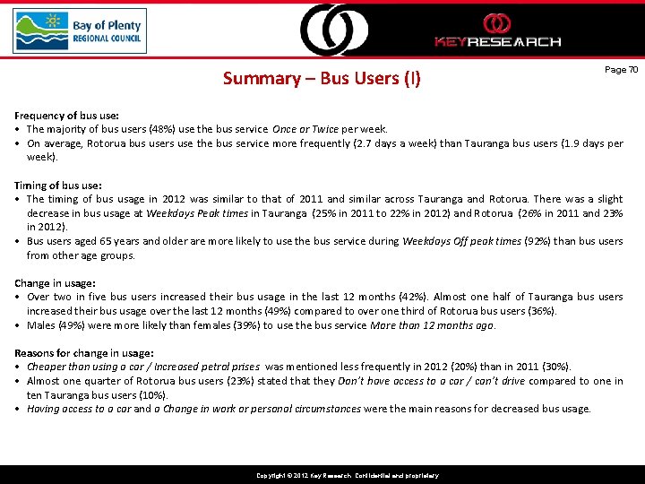 Summary – Bus Users (I) Page 70 Frequency of bus use: • The majority