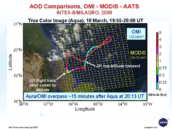 AOD Comparisons, OMI - MODIS - AATS INTEX-B/MILAGRO, 2006 True Color Image (Aqua), 10