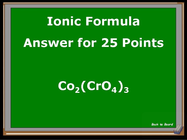 Ionic Formula Answer for 25 Points Co 2(Cr. O 4)3 Back to Board 