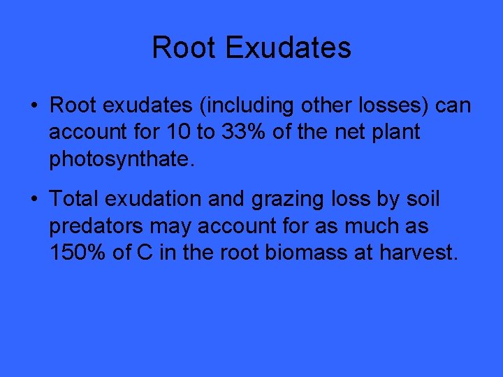 Root Exudates • Root exudates (including other losses) can account for 10 to 33%