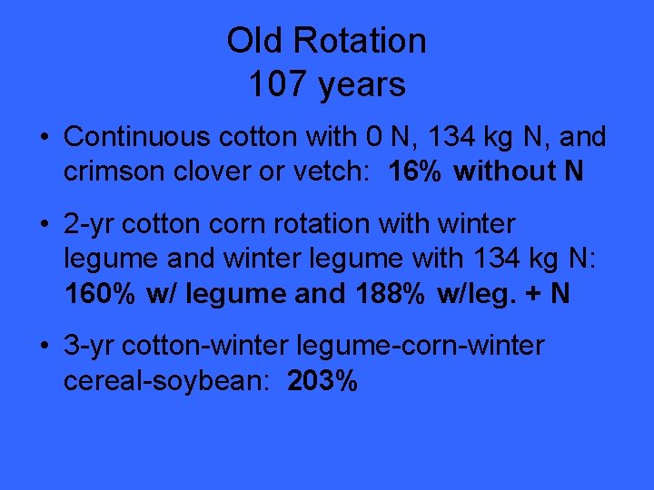 Old Rotation 107 years • Continuous cotton with 0 N, 134 kg N, and