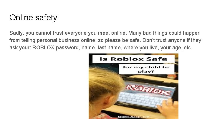 Online safety Sadly, you cannot trust everyone you meet online. Many bad things could