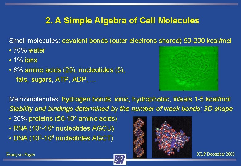 2. A Simple Algebra of Cell Molecules Small molecules: covalent bonds (outer electrons shared)
