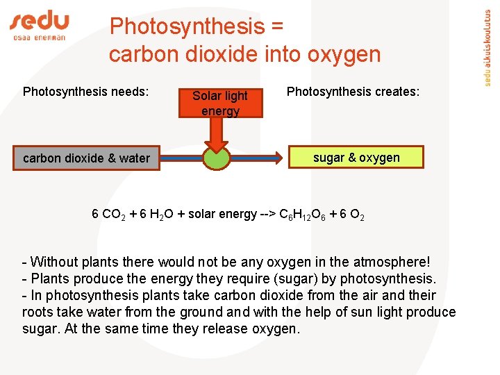 Photosynthesis = carbon dioxide into oxygen Photosynthesis needs: carbon dioxide & water Solar light