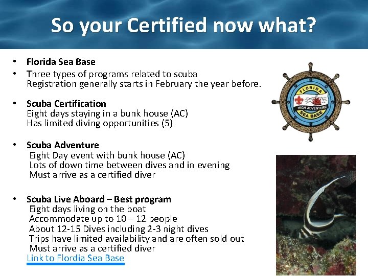 So your Certified now what? • Florida Sea Base • Three types of programs