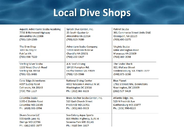 Local Dive Shops 