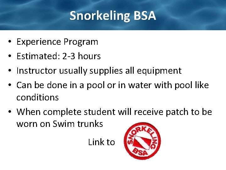 Snorkeling BSA Experience Program Estimated: 2 -3 hours Instructor usually supplies all equipment Can