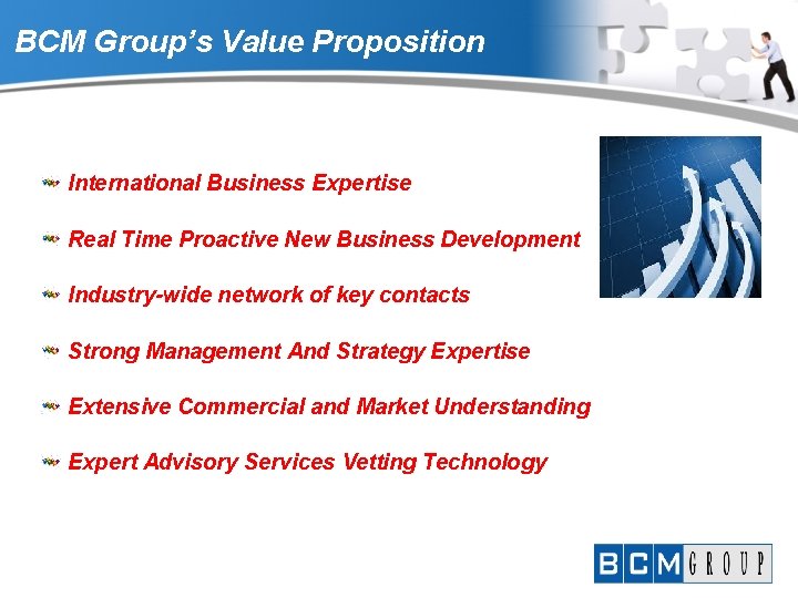 BCM Group’s Value Proposition International Business Expertise Real Time Proactive New Business Development Industry-wide
