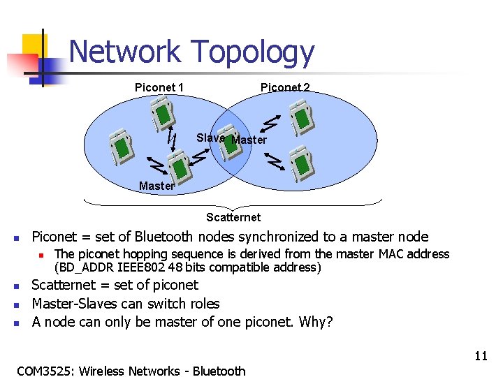 Network Topology Piconet 1 Piconet 2 Slave Master Scatternet n Piconet = set of