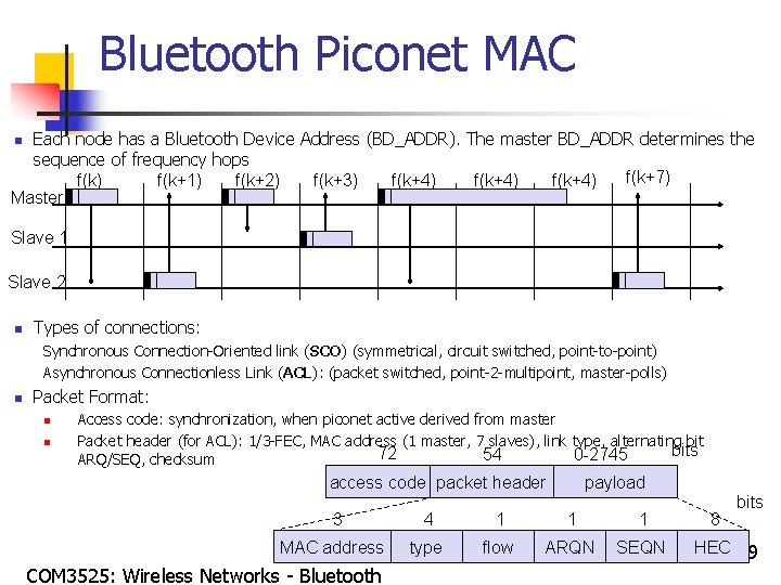 Bluetooth Piconet MAC Each node has a Bluetooth Device Address (BD_ADDR). The master BD_ADDR