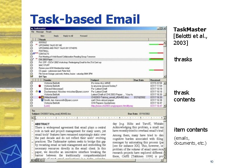 Task-based Email Example: Task. Master [Belotti et al. , 2003] thrasks thrask contents item