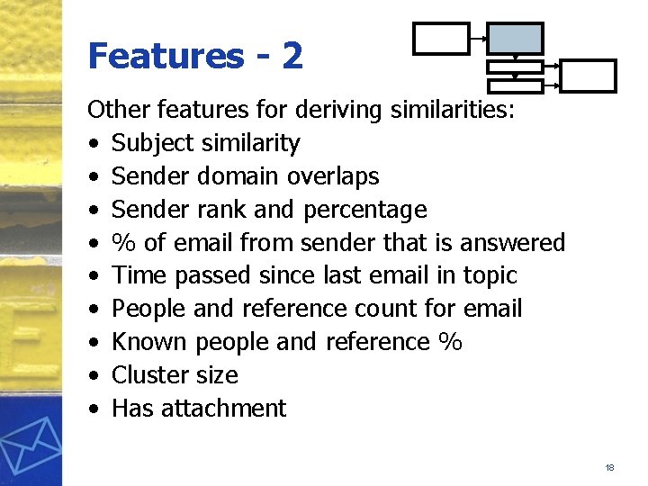 Features - 2 Other features for deriving similarities: • Subject similarity • Sender domain