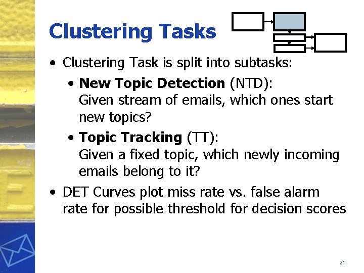 Clustering Tasks • Clustering Task is split into subtasks: • New Topic Detection (NTD):