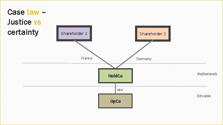 Case law – Justice vs certainty Shareholder 1 Shareholder 2 France Germany Hold. Co