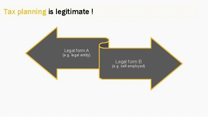 Tax planning is legitimate ! Legal form A (e. g. legal entity) Legal form
