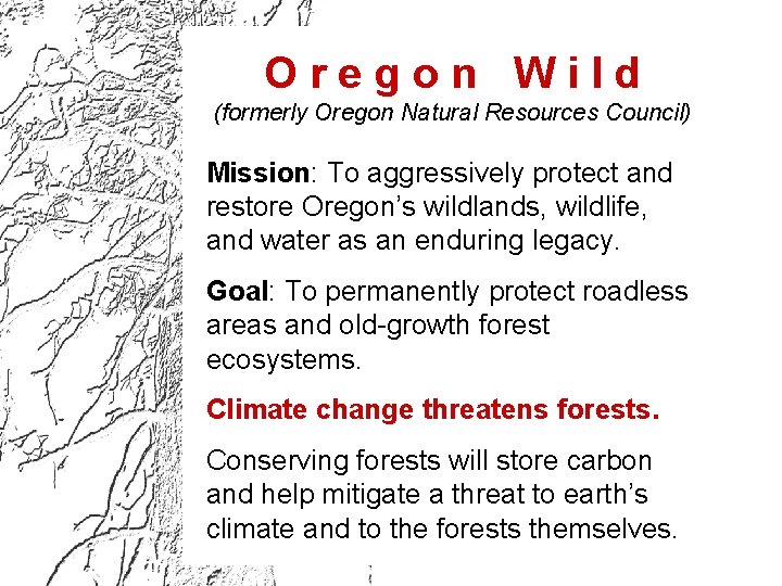 Oregon Wild (formerly Oregon Natural Resources Council) Mission: To aggressively protect and restore Oregon’s