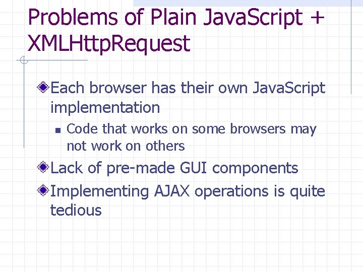 Problems of Plain Java. Script + XMLHttp. Request Each browser has their own Java.