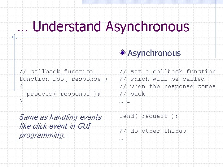 … Understand Asynchronous // callback function foo( response ) { process( response ); }