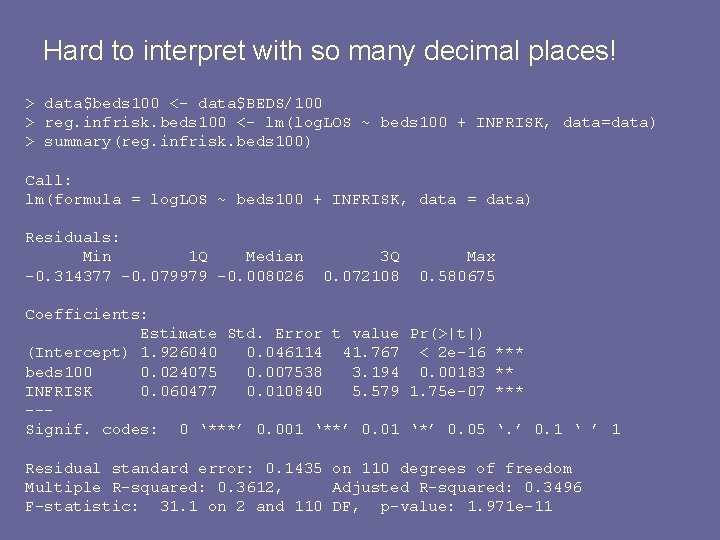 Hard to interpret with so many decimal places! > data$beds 100 <- data$BEDS/100 >