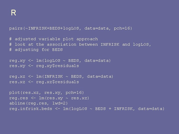 R pairs(~INFRISK+BEDS+log. LOS, data=data, pch=16) # adjusted variable plot approach # look at the