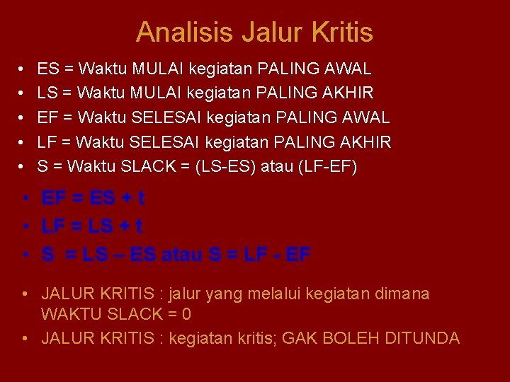 Analisis Jalur Kritis • • • ES = Waktu MULAI kegiatan PALING AWAL LS