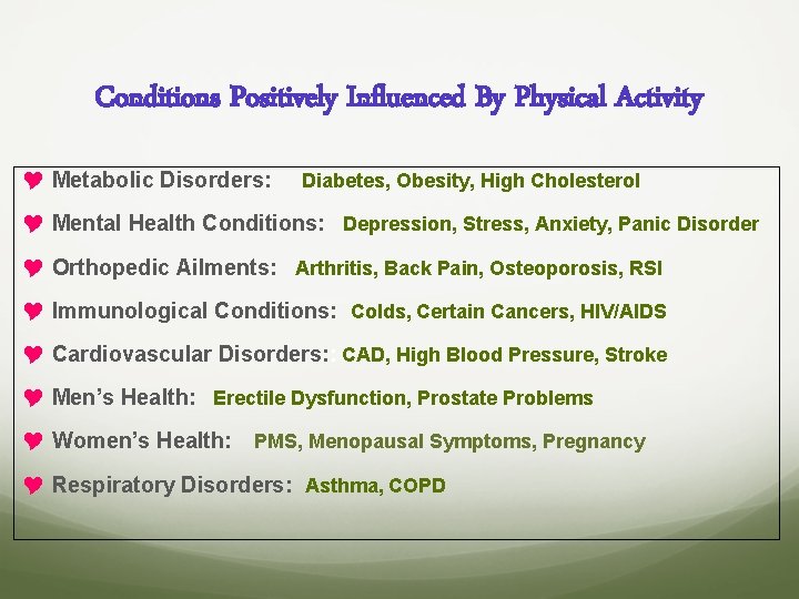 Conditions Positively Influenced By Physical Activity Y Metabolic Disorders: Diabetes, Obesity, High Cholesterol Y