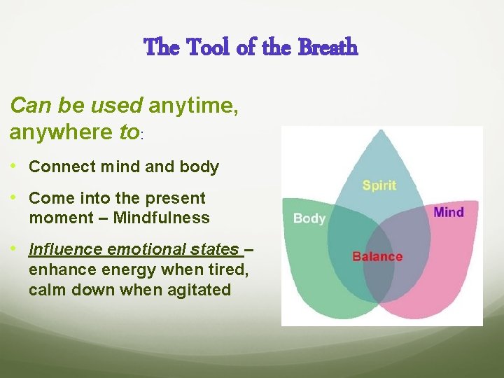 The Tool of the Breath Can be used anytime, anywhere to: • Connect mind