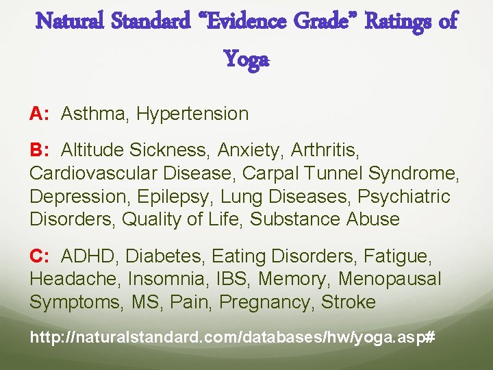 Natural Standard “Evidence Grade” Ratings of Yoga A: Asthma, Hypertension B: Altitude Sickness, Anxiety,