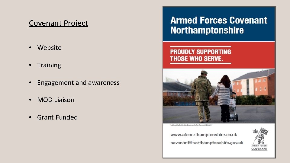 Covenant Project • Website • Training • Engagement and awareness • MOD Liaison •