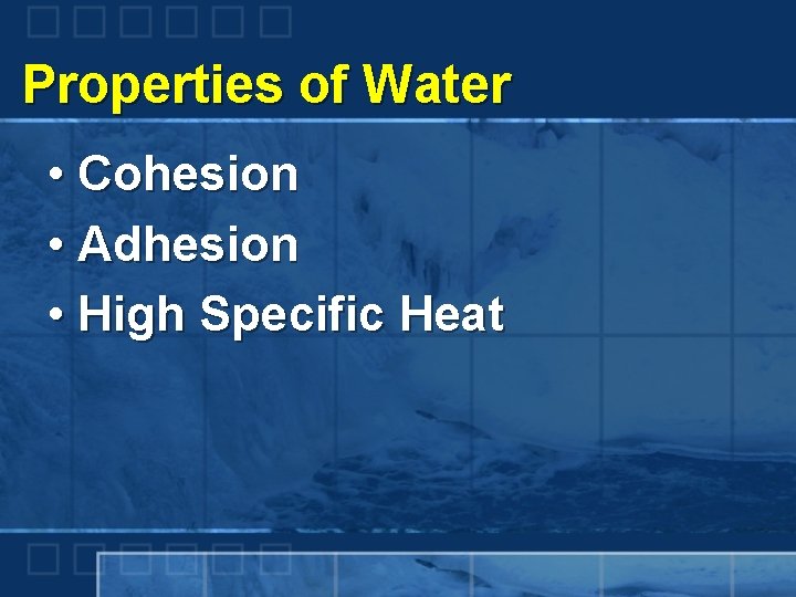Properties of Water • Cohesion • Adhesion • High Specific Heat 