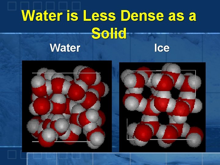 Water is Less Dense as a Solid Water Ice 