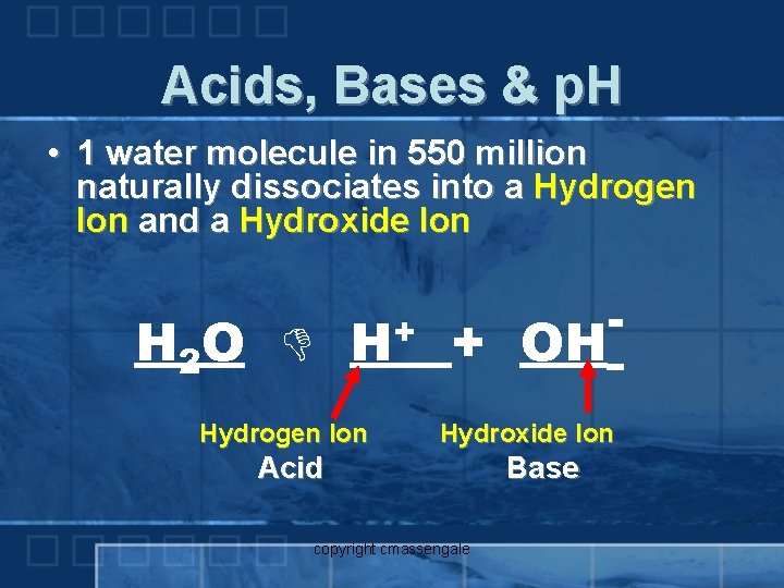 Acids, Bases & p. H • 1 water molecule in 550 million naturally dissociates