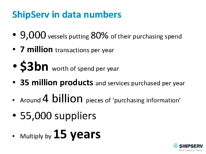 Ship. Serv in data numbers • 9, 000 vessels putting 80% of their purchasing