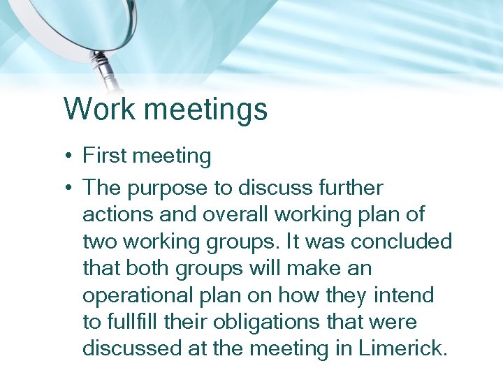 Work meetings • First meeting • The purpose to discuss further actions and overall