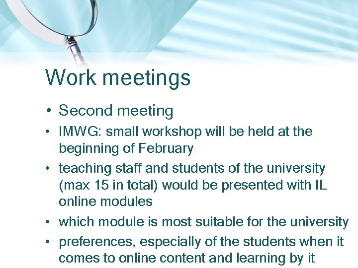 Work meetings • Second meeting • IMWG: small workshop will be held at the