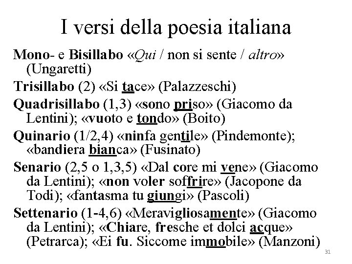 I versi della poesia italiana Mono- e Bisillabo «Qui / non si sente /