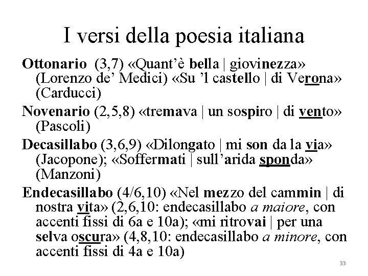 I versi della poesia italiana Ottonario (3, 7) «Quant’è bella | giovinezza» (Lorenzo de’