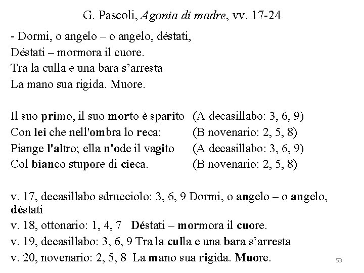 G. Pascoli, Agonia di madre, vv. 17 -24 - Dormi, o angelo – o