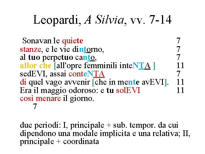 Leopardi, A Silvia, vv. 7 -14 Sonavan le quiete stanze, e le vie dintorno,